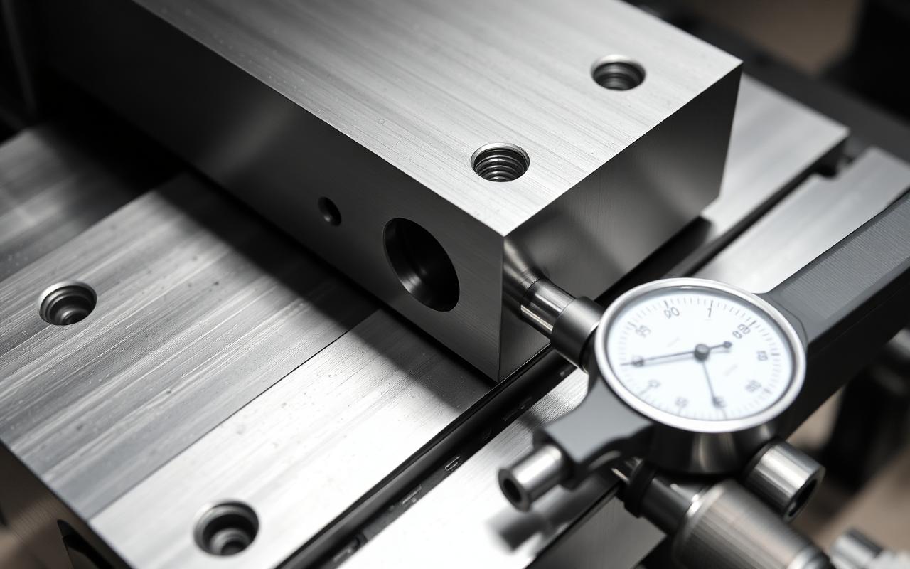 Aluminum bracket clamped in a precision vise with an indicator on the part corner