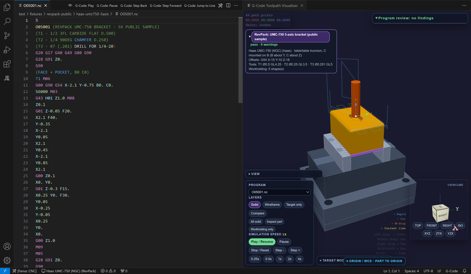 VS Code with the program in the editor, the Play, Pause and Step buttons in the title bar, and the 3D simulation beside it